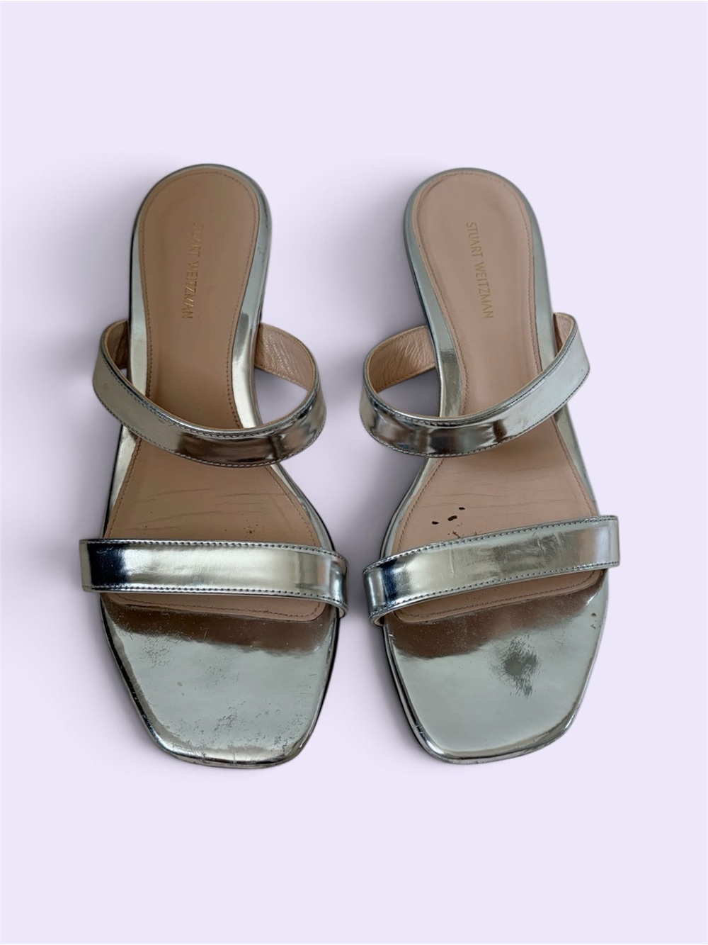 Stuart Weitzman Silver Metallic Double-Strap Slide Sandals with Block Heel
